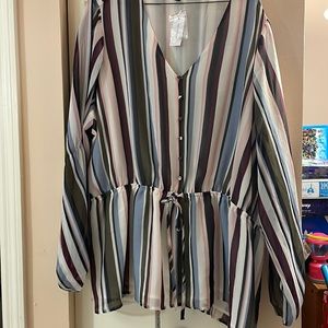 Lane Bryant Striped Button Down Draw String Waist Shirt Brown, Pink, Blue, Wine